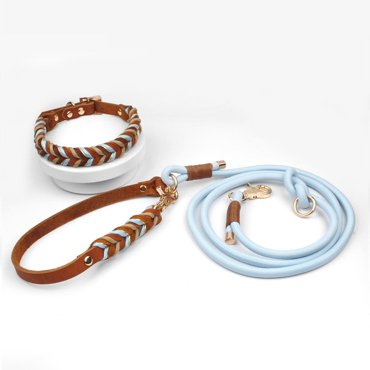 Sky blue and tan hand-braided full-grain leather dog collar and leash set with brass hardware on white background - premium artisan pet accessories
