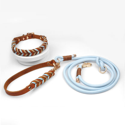 Sky blue and tan hand-braided full-grain leather dog collar and leash set with brass hardware on white background - premium artisan pet accessories
