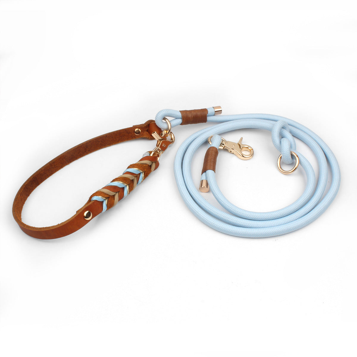 Sky blue and tan hand-braided full-grain leather multi-function dog leash with brass hardware on white background - 6-in-1 design