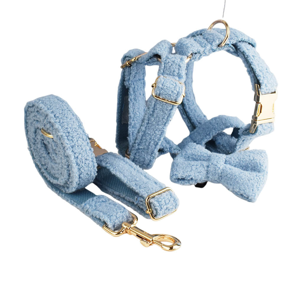 Sky blue teddy fleece dog 4-piece set collar bow tie harness leash complete product shot white background