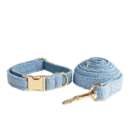 Sky blue teddy fleece dog collar and leash set product shot white background