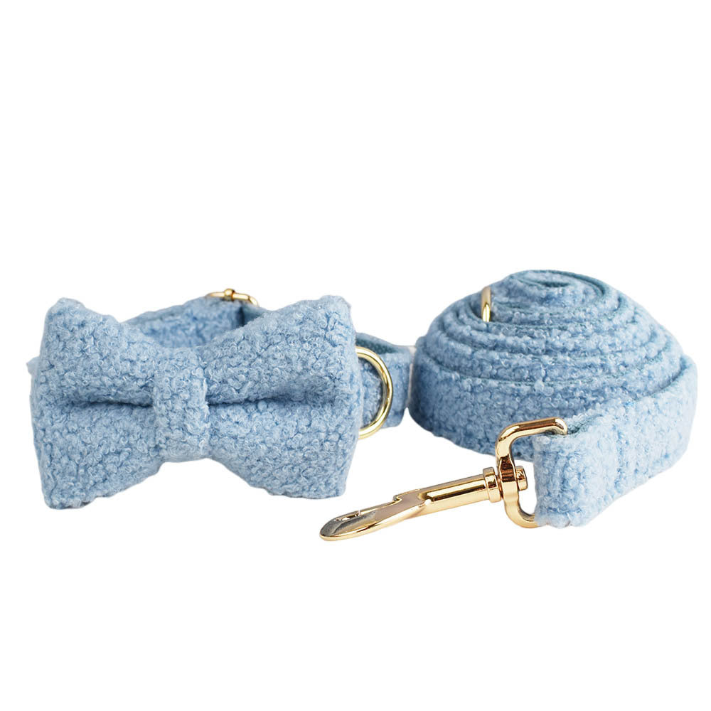 Sky blue teddy fleece dog collar bow tie and leash complete set product shot