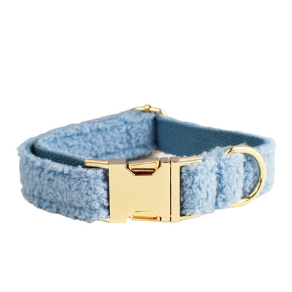 Sky blue teddy fleece dog collar with gold buckle detail product shot white background