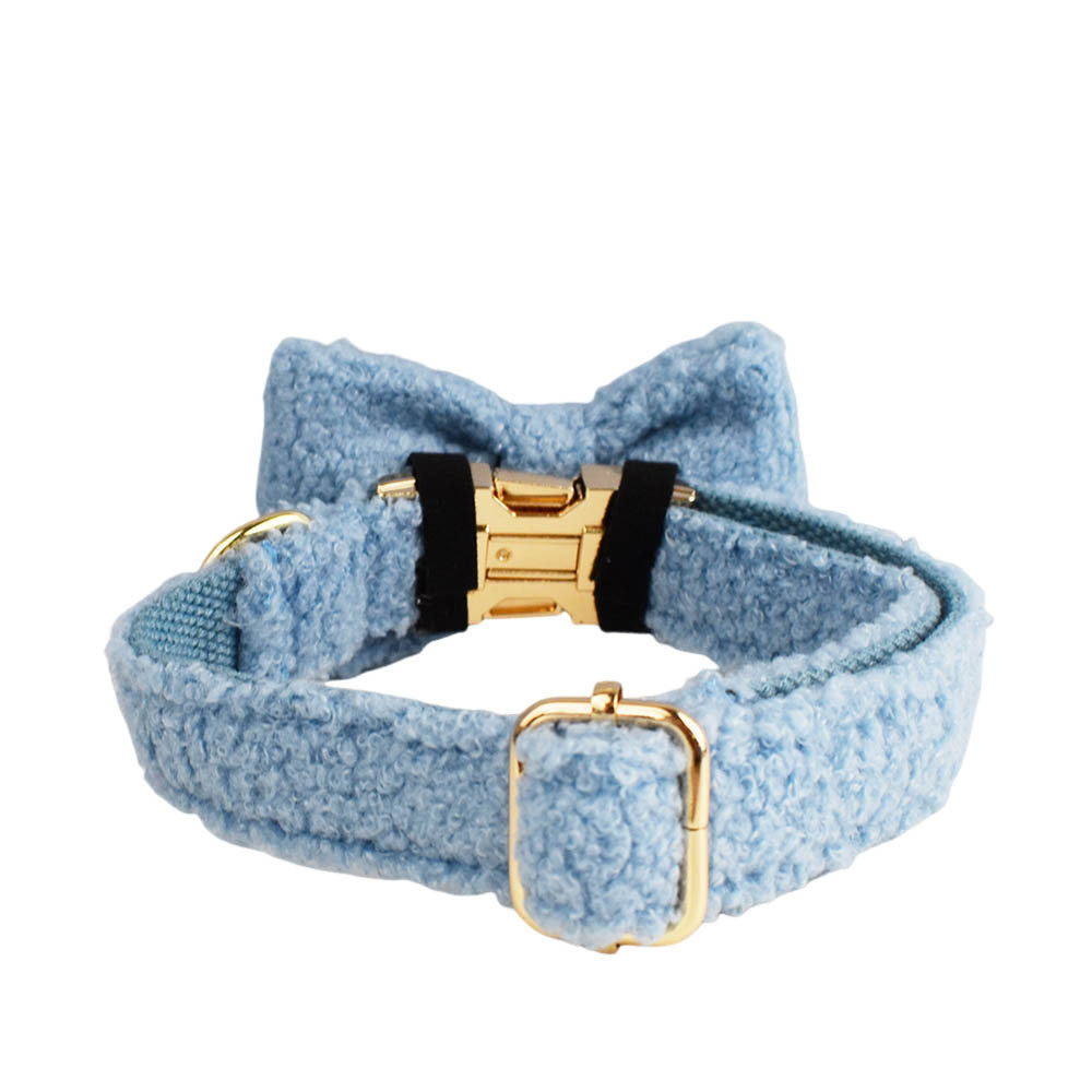 Sky blue teddy fleece dog collar with bow tie back view showing gold hardware detail
