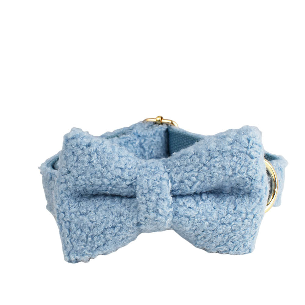 Sky blue teddy fleece dog collar with bow tie and gold hardware detail product shot
