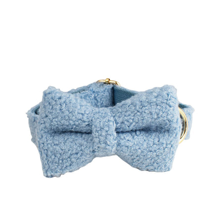 Sky blue teddy fleece dog collar with bow tie and gold hardware detail product shot