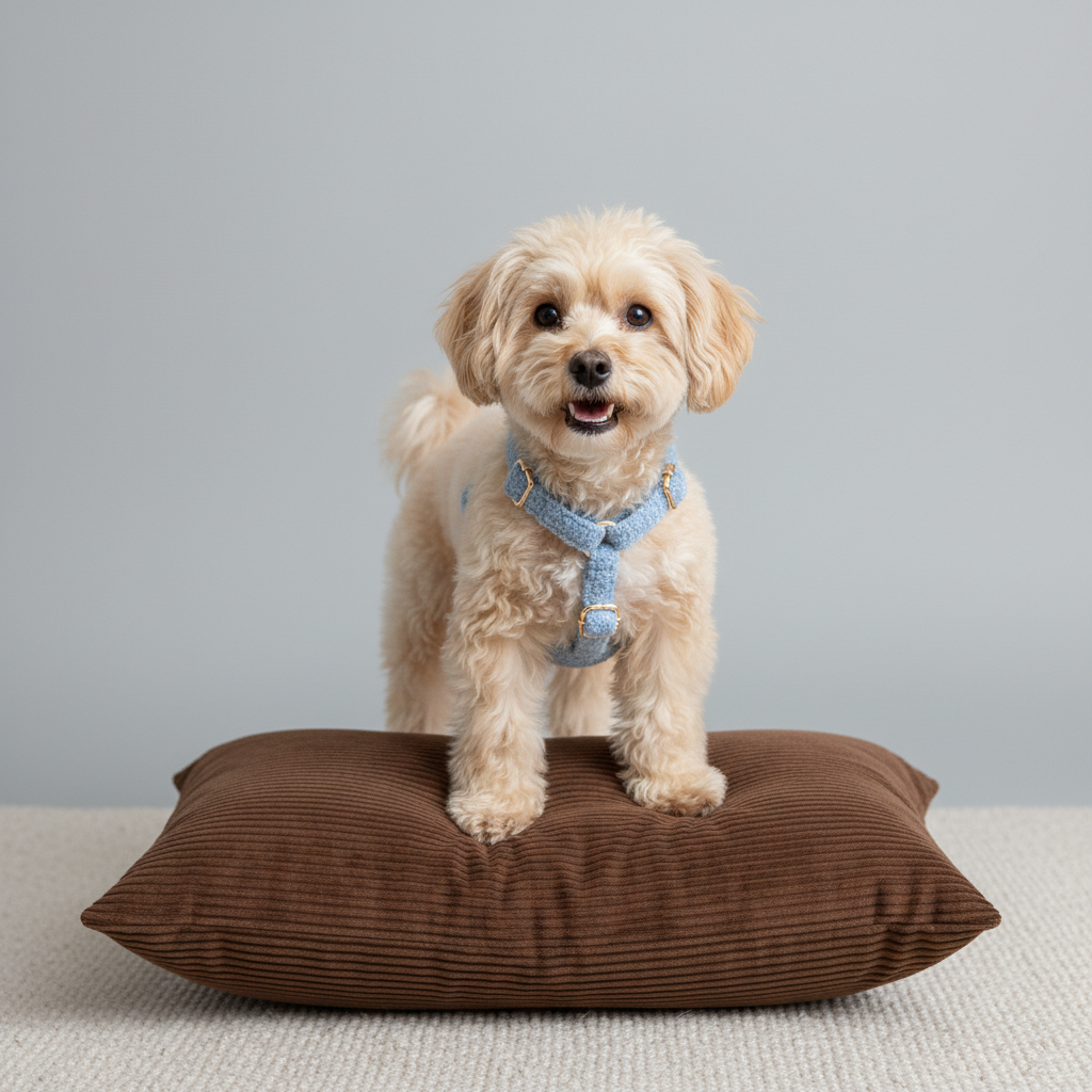 Apricot Poodle wearing sky blue teddy fleece dog harness resting on brown pet bed lifestyle photo