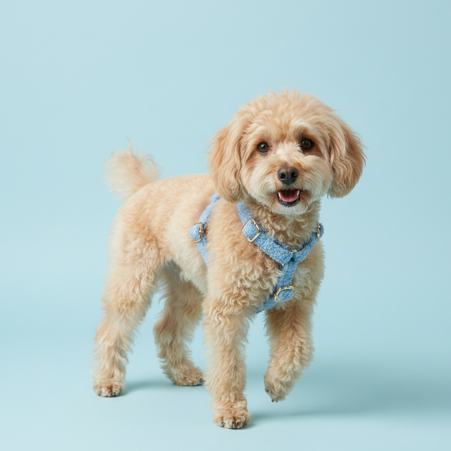 Apricot Poodle wearing sky blue teddy fleece dog harness on light blue background