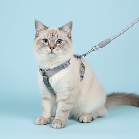 Tabby cat wearing sleek grey black gradient harness front view on light blue background
