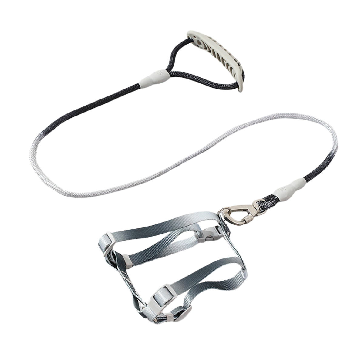 Sleek grey black gradient cat harness and leash set with dual-lock clasp product shot white background
