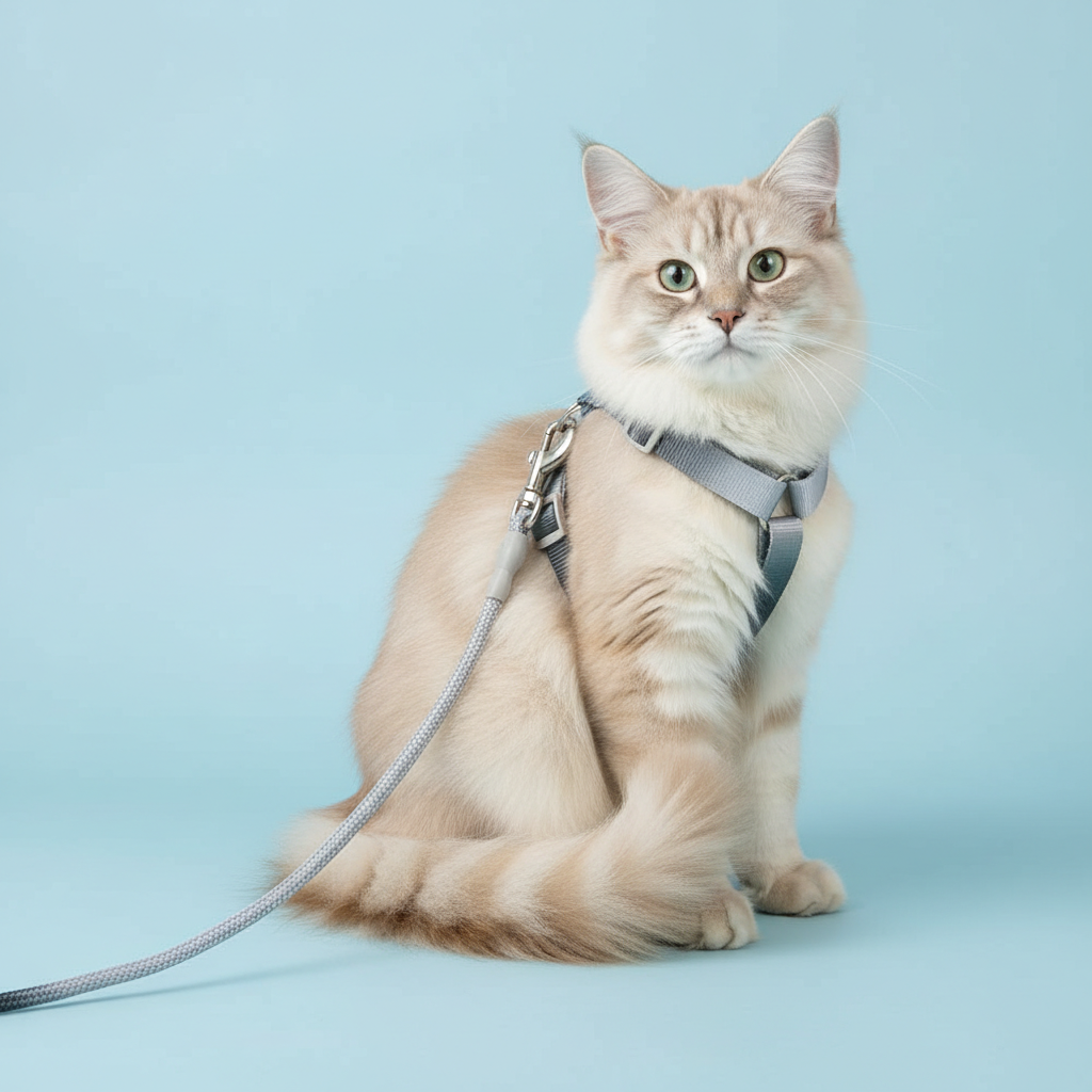 Long-haired cat wearing sleek grey black gradient harness on light blue background
