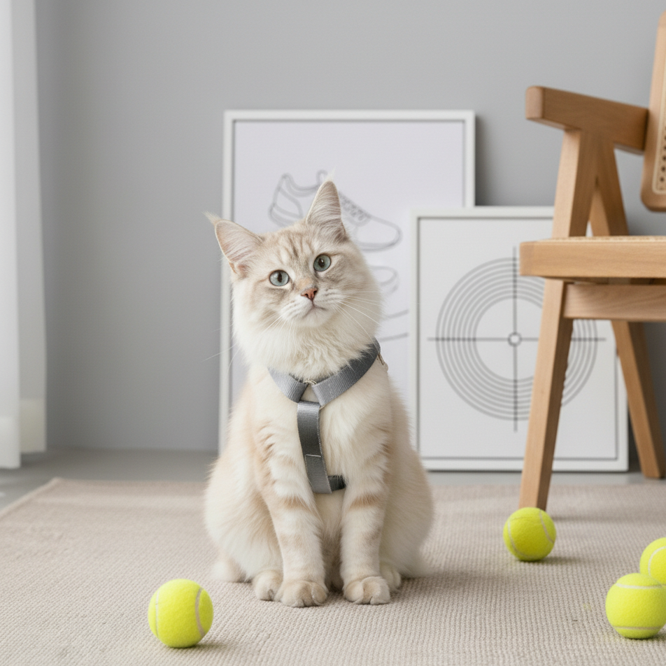 Long-haired cat wearing sleek grey black gradient harness in minimalist indoor scene
