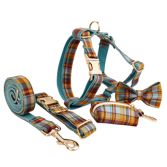 Teal and mustard plaid dog 5-piece set collar bow tie harness leash poop bag holder complete product shot