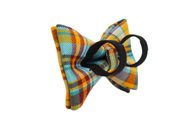Teal and mustard plaid dog bow tie with elastic loop product shot white background
