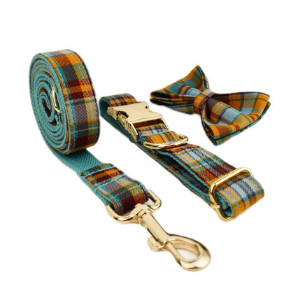 Teal and mustard plaid dog collar bow tie and leash complete set product shot white background
