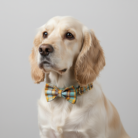 Golden Retriever wearing teal and mustard plaid dog collar with bow tie on grey background
