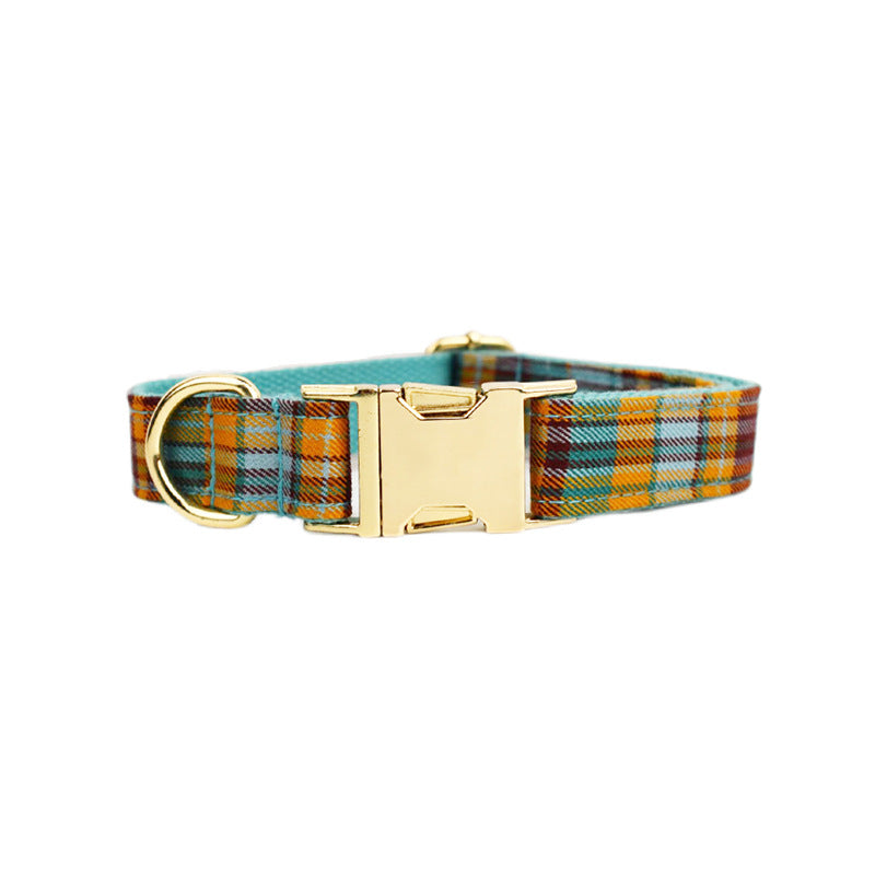 Teal and mustard plaid dog collar with gold buckle detail product shot white background

