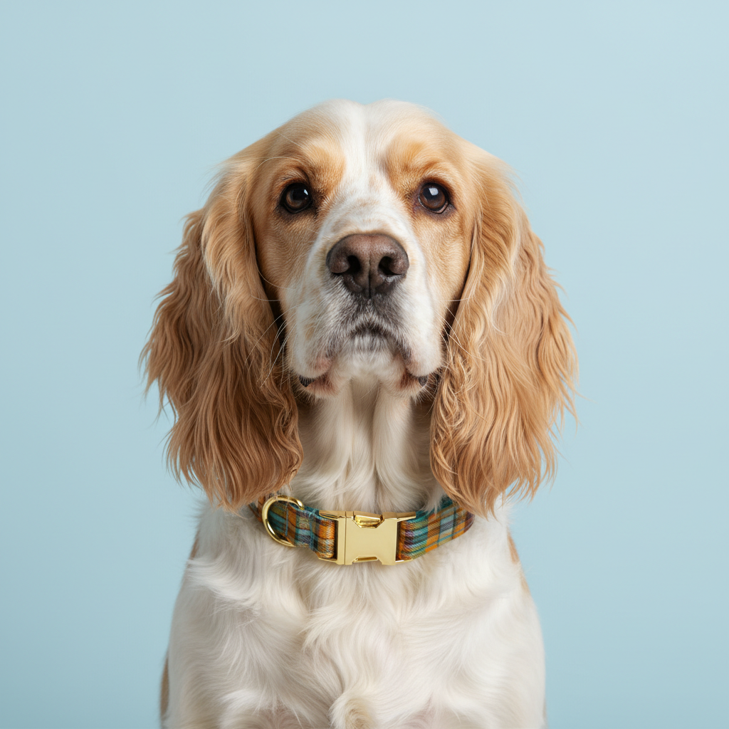 Golden Retriever wearing teal and mustard plaid dog collar on light blue background
