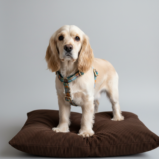 Golden Retriever wearing teal and mustard plaid dog harness resting on brown pet bed
