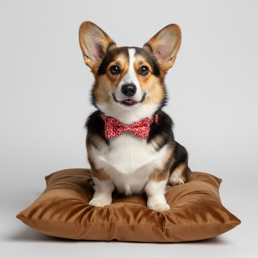 Tri-color corgi dog wearing ruby red leopard heart print collar relaxing on brown velvet pet bed - elegant adjustable dog collar