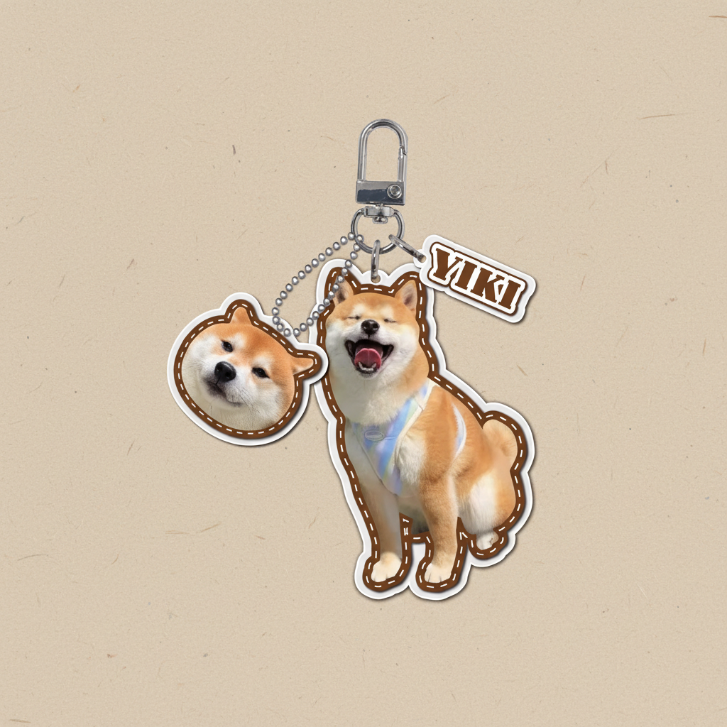 Turn dog photo into custom sticker style acrylic keychain with Shiba Inu shaped tag, headshot charm and name Yiki


