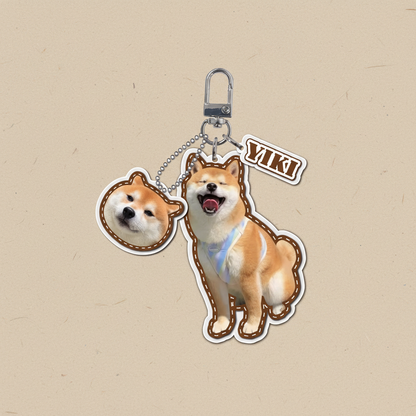 Turn dog photo into custom sticker style acrylic keychain with Shiba Inu shaped tag, headshot charm and name Yiki

