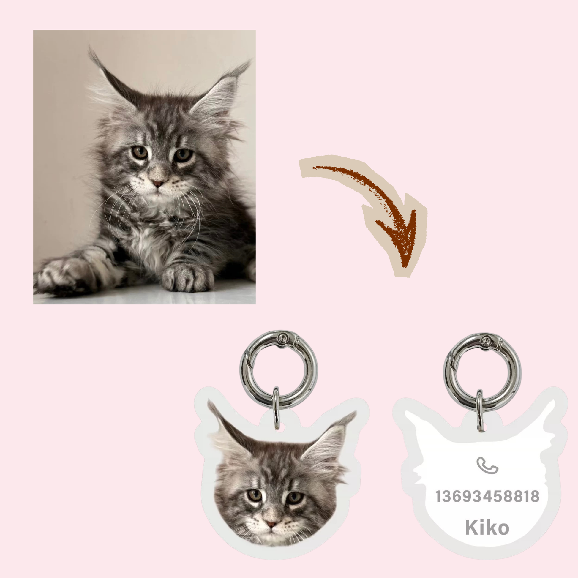 Turn pet photo into cat head shaped acrylic ID tag - custom physical pet tag with contact info