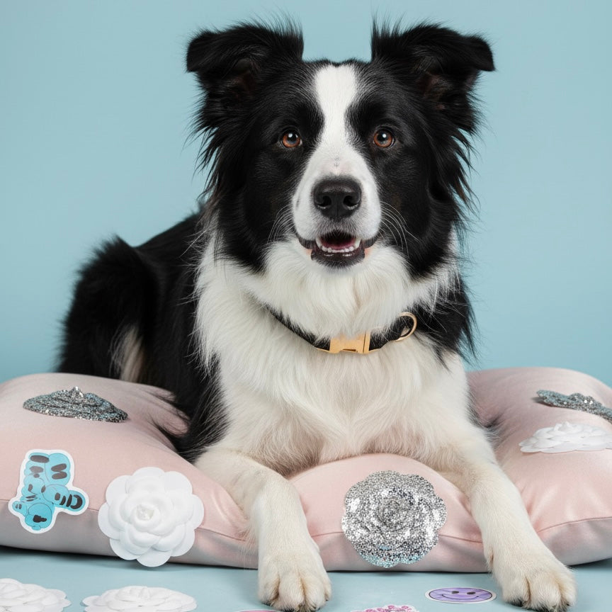 Black and white Border Collie lying on a pink satin cushion wearing a Bling Fuzzie black tweed collar with gold brass hardware, surrounded by camellia flowers and glitter brooches against a light blue studio background