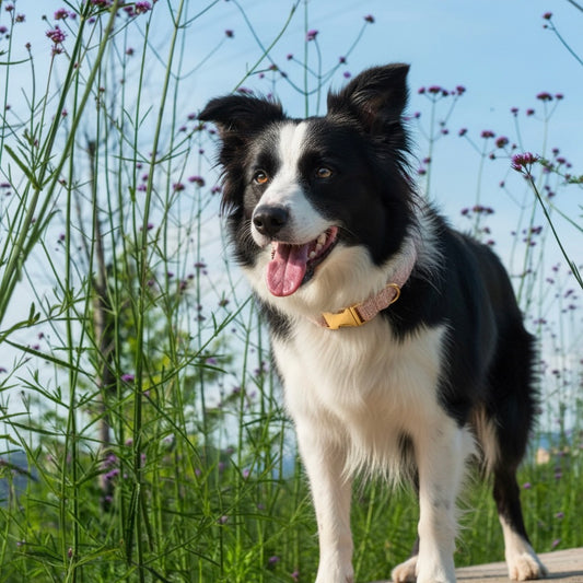 Black and white Border Collie standing on a wooden platform wearing a Bling Fuzzie blush pink tweed collar with gold brass hardware, surrounded by tall purple wildflowers against a light blue sky