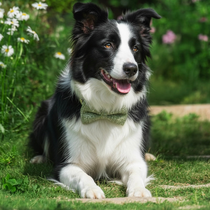 Black and white Border Collie wearing a Bling Fuzzie sage green tweed bow tie collar, lying on a grass path surrounded by daisies and garden flowers, showcasing the Tweed Dog 4-Piece Set in sage green