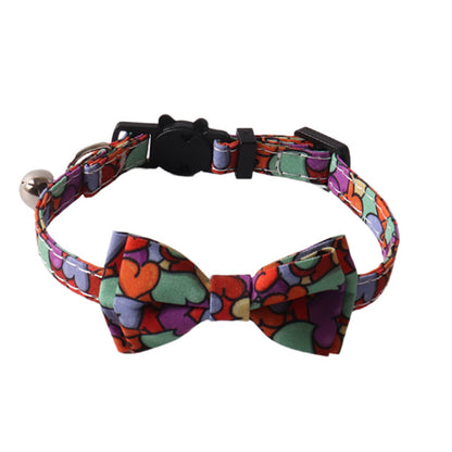 Vibrant heart mosaic cat collar with bow tie on white background - product detail